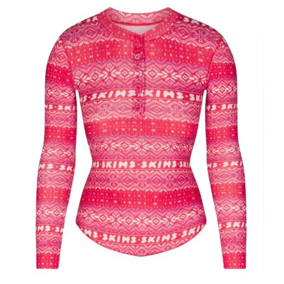 Skims Pointelle Logo Long Sleeve Henley Small - Picture 1 of 4